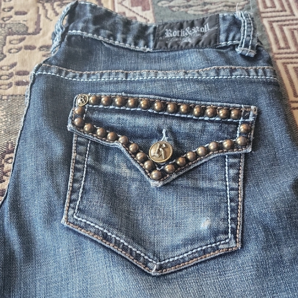 Rock & Roll Cowgirl Blue Straight Leg Jeans with Decorative Details